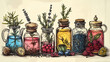 © Kornkanok - Journals infographic blueprint of tea jars and tins contain medicinal plants and herbs on old vintage paper, background, wallpaper