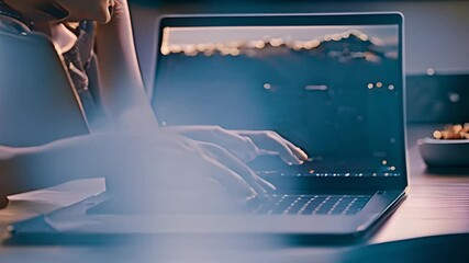 Poster - woman typing on laptop with mountain landscape on screen generative ai