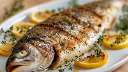 Wall Mural - Close-Up of Whole Roasted Dorade with Thyme and Lemon Slices