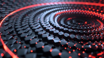 hexagon spiral banner illustration background, glowing, modern, blur, cyberpunk, neon color, red, black, HD, 2:1