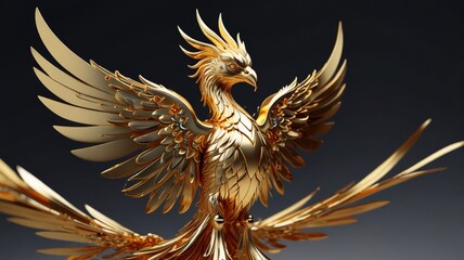 Wall Mural - Gold Phoenix abstract magic 3D on  tale character illustration render hawk fairy wings feather from AI Generated