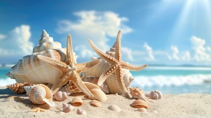 Wall Mural - Summer vacation background, seashells and starfish on the beach