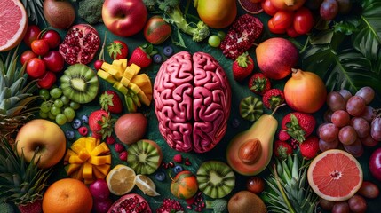 First person top view of a brain surrounded by assorted fruits, symbolizing healthy living and eating, raw style, vibrant colors, detailed textures
