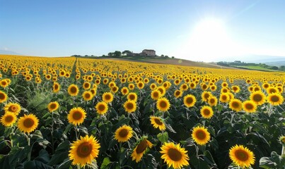 Wall Mural - A panoramic view of a vast sunflower field in full bloom under a cloudless sky, with a distant farmhouse barely visible
