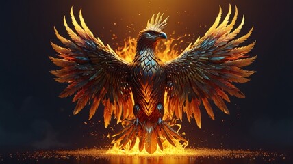 Wall Mural - Phoenix bird fire fantasy firebird abstract magic 3D on  fire tale character illustration render hawk fairy wings  from AI Generated