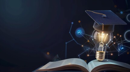 Creative concept of education with an open book, light bulb and graduation cap, symbolizing knowledge, innovation, and academic achievement.