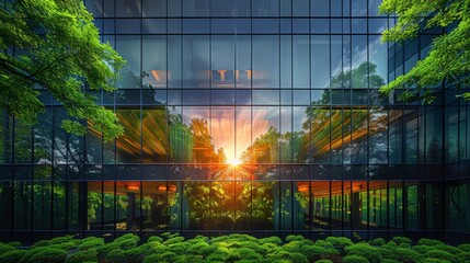 Wall Mural - Glass Building Reflecting Sunset Through Trees