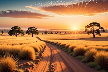 Wall Mural - The sky was orange and the vast desert-like landscape was bathed in golden sunlight.