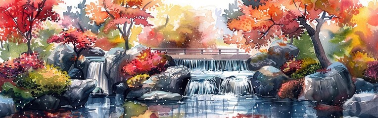 Watercolor Painting of a Waterfall and Autumn Trees in a Japanese Garden