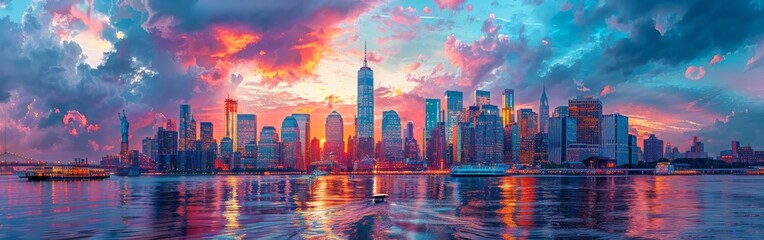 Wall Mural - Colorful Sunset Over New York City Skyline