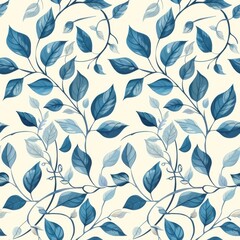 A blue and white leafy pattern with a blue leaf in the middle