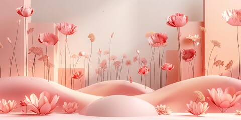 3d vector illustration of red, pink Valentine Scene with copy space , Chinese New Year atmosphere, softly organic, on pink paper, whimsical minimalism, whimsical weavings, pastel colors, 2:1 banner