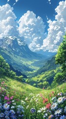 Wall Mural - Stunning Mountain Valley View With Wildflowers and Blue Sky