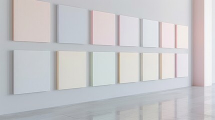 Wall Mural - A minimalist wall display with a series of small, square canvases each painted in a different, subtle pastel shade, arranged in a grid pattern.