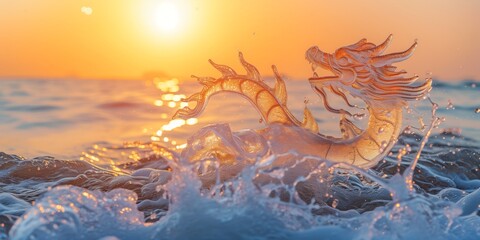 Poster - A cheerful Chinese dragon made of water splashes on a wave in the rays of dawn