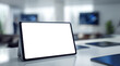 © bluecreamy - mockup, digital tablet with a blank white screen, on a sleek, reflective surface in a modern, slightly blurred office environment, The background is soft-focused with blue and green elements