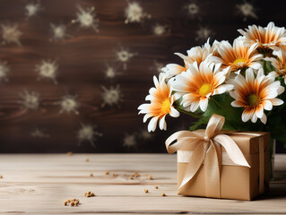 Wall Mural - Bouquet of wildflowers and brown gift box on old wooden boards