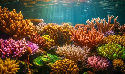 Sticker - A mesmerizing underwater scene featuring vibrant coral formations in a variety of colors and shapes, illuminated by sunlight filtering through the water
