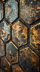 Poster - Abstract Close-Up of Rusted Hexagonal Metal Pattern Texture Background with Sepia Tones for Industrial Design Concepts