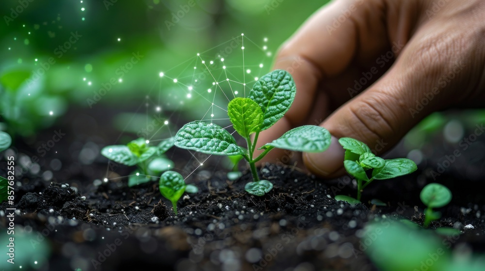 Hand holding young plants with digital graphics, showcasing smart ...