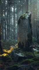 Wall Mural - A large rock is surrounded by moss and trees generated by AI