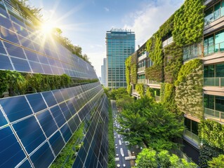 Modern eco-friendly buildings with solar panels and green walls, showcasing urban sustainability and renewable energy solutions in a cityscape.