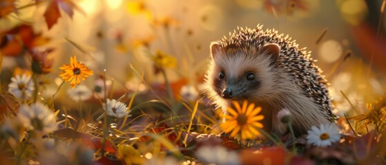 Wall Mural - A cute hedgehog sits in a field of flowers and leaves in the autumn sun. AI.