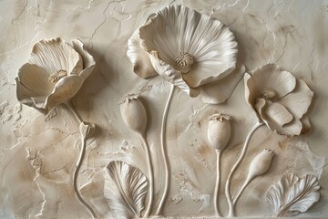 Wall Mural - Classical Stucco with Poppy Motif: Textured plaster featuring detailed poppy flower designs