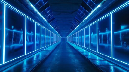 Poster - neon blue lights with moving along dark tunnel illuminated
