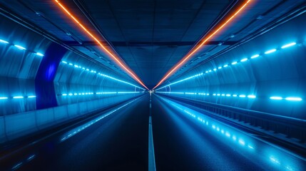 Poster - neon blue lights with moving along dark tunnel illuminated