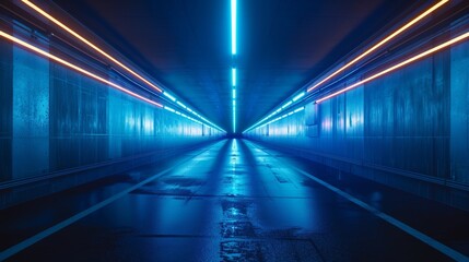 Poster - neon blue lights with moving along dark tunnel illuminated