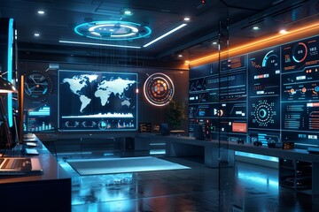 Leinwandbilder - A futuristic marketing office showcasing screens displaying AI algorithms analyzing user behavior and optimizing ad campaigns. Generative AI