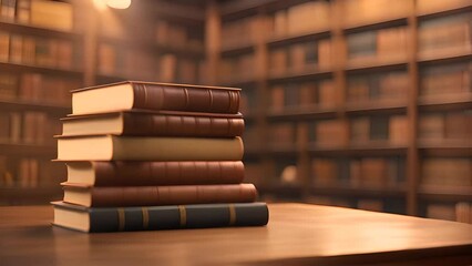 Poster - Books Stacked on Table in Library Generative AI