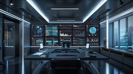 Aufkleber - A modern office space with a large desk and multiple screens displaying data visualizations and charts related to AI algorithms and user behavior. Generative AI