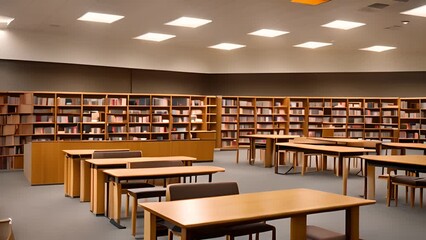 Poster - Empty Library Tables With Bookshelves Generative AI