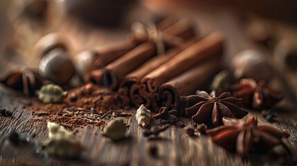 Poster - A close-up shot of cinnamon sticks, cardamom pods, cloves, and star anise arranged on a wooden surface, creating a warm and inviting scene. Generative AI