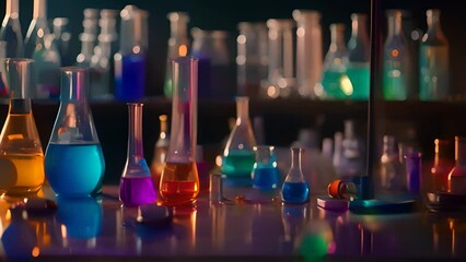 Poster - Colored Liquids in Glass Flasks on Lab Table Generative AI