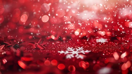 Poster - snowflakes and bokeh lights on the red Christmas background.