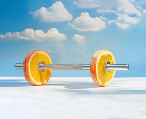 Wall Mural - Healthy barbell made with orange slices.