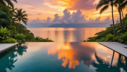 Wall Mural - Photograph a stunning sunset reflecting off the calm waters of an infinity pool, with lush greenery and tropical plants framing the serene beach scene.