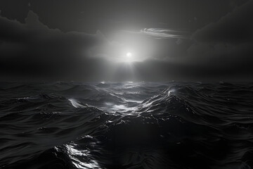 Wall Mural - a black and white photo of a large body of water with a lot of waves in the foreground and dark clouds in the background.