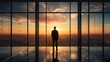 © CStock - a silhouette of a successful businessman ,A man standing near panoramic windows on the sunset background.