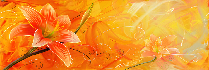 Wall Mural - a digital painting of two flowers on a yellow and orange background with swirls and lines in the foreground.