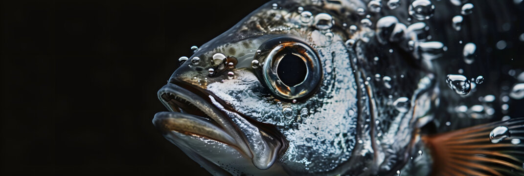 a close up of a fish with bubbles of water on it's face and a black back ground with a black background.