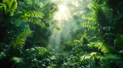 Wall Mural - Dense tropical jungle with sunlight filtering through the lush green foliage, ideal for nature and adventure themes