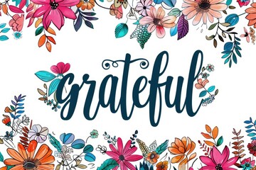 Wall Mural - A colorful composition featuring the word 'Grateful' surrounded by a vibrant variety of flowers and foliage