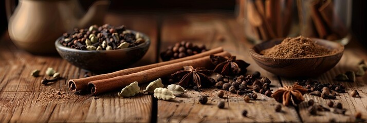 Poster - A close-up shot of various tea spices, including cinnamon sticks, cardamom pods, cloves, and star anise, arranged on a rustic wooden surface. Generative AI