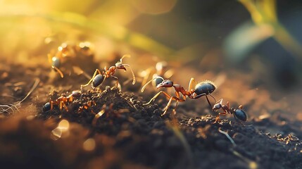Ants on dirt ground macro shot