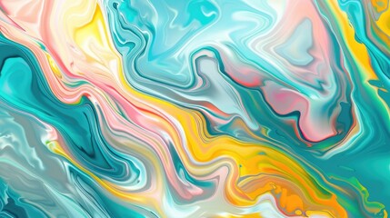 Fototapete - Vibrant abstract fluid art painting with blue, yellow, and pink swirling patterns, creating a dynamic and colorful visual experience.