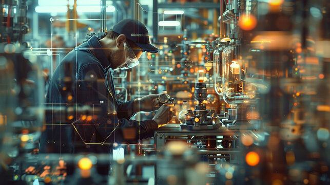Detailed view of a technician adjusting a pressure gauge on a complex assembly line, with a double exposure of the entire factory layout.